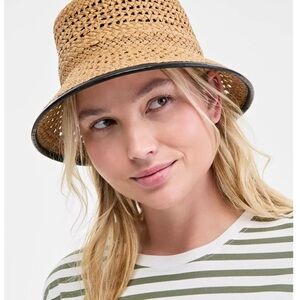 On 34th Faux-Leather-Trim Straw Bucket Hat